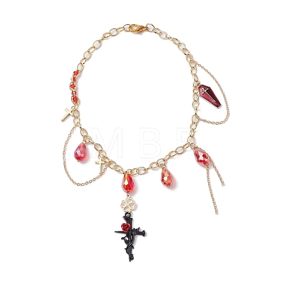 Teardrop Glass & Cross Alloy Pendant Necklaces NJEW-JN04962-1