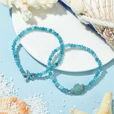2Pcs 2 Styles Synthetic Turquoise & Dyed Natural Malaysia Jade Rondelle Beads Beads Stretch Bracelets for Women BJEW-JB13599-02-1