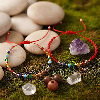 2Pcs 2 Styles Natural Mixed Gemstone & Glass & Brass Round Beads Braided Bead Bracelets PH4377-5-1