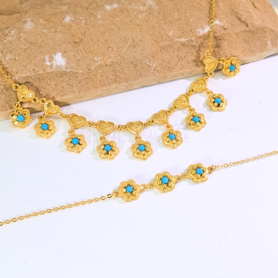 Vintage Brass Heart Flower Pendant Necklace & Bracelet Set for Women RG3291-1