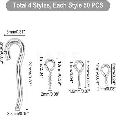   200Pcs 4 Style 304 Stainless Steel Eye Pin Peg Bails STAS-PH0001-41-1
