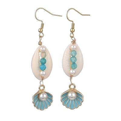 Natural Agate & Cultured Freshwater Pearl & Cowrie Shell Beads Dangle Earrings EJEW-JE07200-1