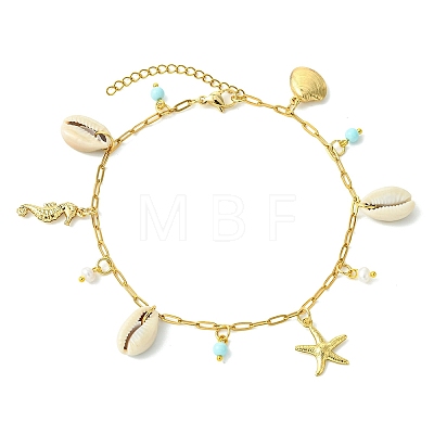 Ocean Natural Cowrie Shell & 304 Stainless Steel Starfish & Dyed Round Natural Howlite Charm Anklets for Women AJEW-AN00819-1