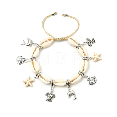 Dolphin & Tortoise Alloy & Synthetic Turquoise Starfish Charm Bracelet BJEW-TA00380-1