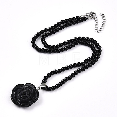 Natural Obsidian 4.5mm Round Beaded Flower Pendant Necklaces NJEW-T016-04B-1