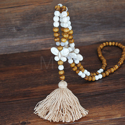Bohemian White Resin Imitation Turquoise & Wood Beaded Mala Necklaces with Jute Cord Tassel FS-WG73E7D-04-1
