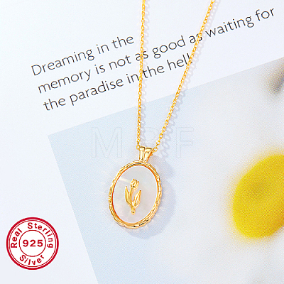 Natural White Shell Oval with Flower Pendant Necklace with 925 Sterling Silver Chains OK6796-2-1