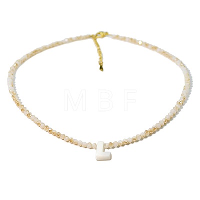 Natural White Shell Letter Faceted Glass Beaded Necklaces with 304 Stainless Steel End Chains SS7282-11-1