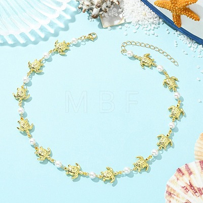 Ocean 304 Stainless Steel Sea Animals Handmade Link Chain Necklaces with White Round Shell Pearl Beads NJEW-JN06097-01-1