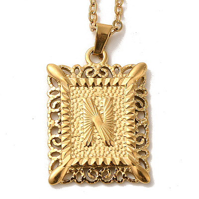 201 Stainless Steel Cable Chain Rectangle with Letter Pendant Necklaces NJEW-M070-01G-N-1