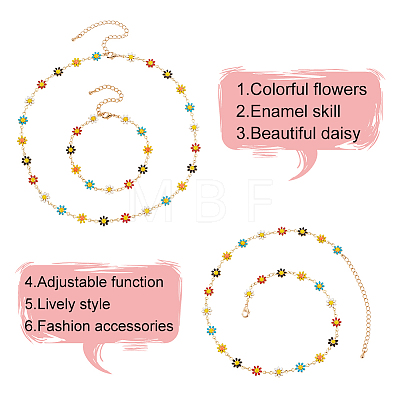 ANATTASOUL 2Pcs 2 Style Enamel Daisy Flower Link Chain Bracelet & Necklace SJEW-AN0001-14-1