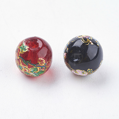Flower Picture Printed Glass Beads GLAA-E399-8mm-1