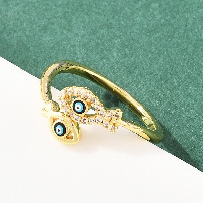 Blue Evil Eye Fish Brass Micro Pave Clear Cubic Zirconia Rings RJEW-A088-02G-1