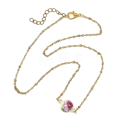 Handmade Flower Printed Porcelain Round Pendant 304 Stainless Steel Satellite Chain Necklaces for Women NJEW-JN06473-1