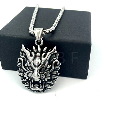 Vintage Punk 304 Stainless Steel Dragon Head Pendant Necklaces for Men WI9275-1