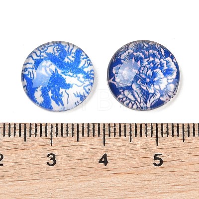 Blue and White Floral Printed Glass Cabochons X-GGLA-A002-14mm-XX-1