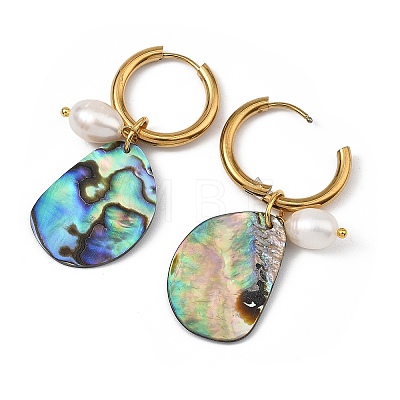 3 Pairs 3 Styles Natural Cultured Freshwater Pearl Beads & Paua Shell Dangle Hoop Earrings EJEW-JE07254-1