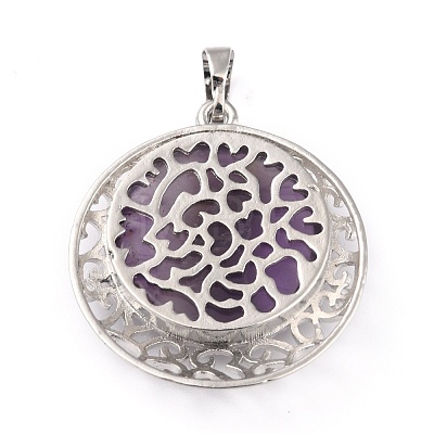 Natural Amethyst Pendants with Hollow Platinum Brass Findings G-P448-A18-P-1