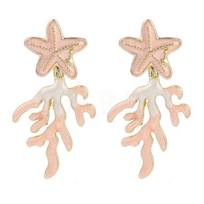 Coral with Starfish Enamel Stud Earrings EJEW-M005-05A-02-1