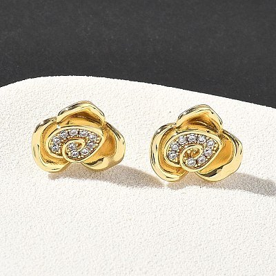 Rose Flower Brass Micro Pave Cubic Zirconia Stud Earrings EJEW-G452-08G-02-1