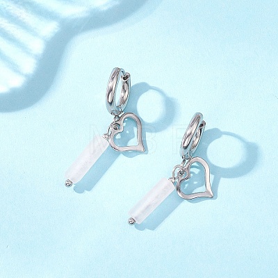 304 Stainless Steel Rose Quartz Column Hoop Earrings EJEW-JE06791-02-1