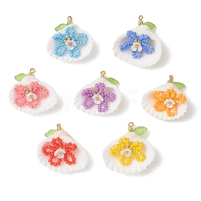 7Pcs Glass Seed Beaded Shell with Flower Pendants PALLOY-MZ01140-1