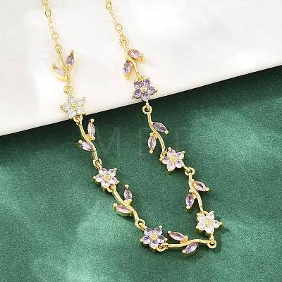 Brass Pave Cubic Zirconia Flower Link Chain Necklaces KK-CBA4547-18G-04-1