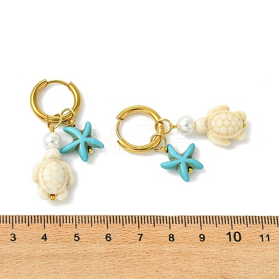 Tortoise & Starfish Synthetic Turquoise Hoop Earrings EJEW-JE07147-02-1