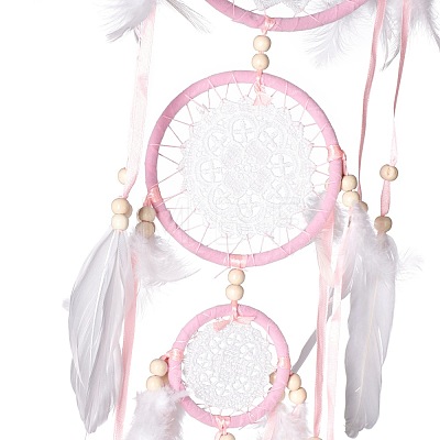Handmade Round Woven Net/Web with Feather Wall Hanging Decoration HJEW-G015-05-1