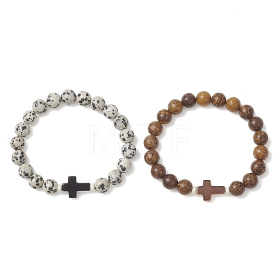 2Pcs 2 Styles Natural Dalmatian Jasper & Elephant Skin Jasper Beads Stretch Bracelets BJEW-JB13675-1