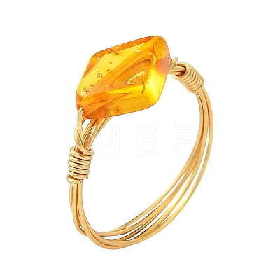 Copper Wired Natural Amber Finger Rings for Women RJEW-JR01053-1