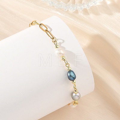 Natural Pearl Two Sides Polished Beaded Chain Bracelets with 304 Stainless Steel Paperclip Chains BJEW-JB14234-03-1