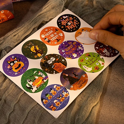 12Pcs Halloween Theme Round Dot Paper Picture Stickers for DIY Scrapbooking STIC-E003-02-1