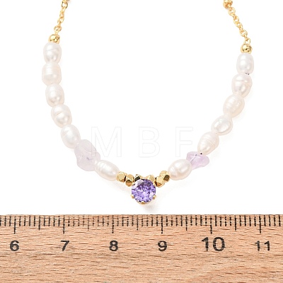 Natural Lavender Amethyst Chip and Rice Natural Pearl Beaded Necklaces GG-CBA3297-15G-F-1