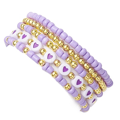 5Pcs 5 Styles Heart Acrylic & Glass Seed Beaded Stretch Bracelet Sets BJEW-JB10473-01-1