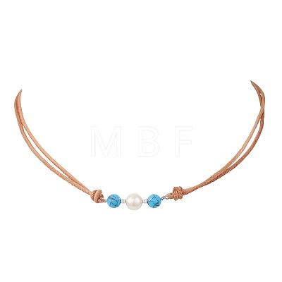 Synthetic Turquoise & Natural Pearl Round Beaded 2-Strand Cowhide Leather Cord Necklaces for Women NJEW-JN05828-1