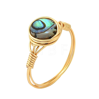 Copper Wired Natural Abalone Shell/Paua Shell Finger Rings for Women RJEW-JR01055-1