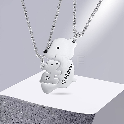 201 Stainless Steel Black Enamel Baby Bear Mother Bear Split Pendant Necklaces for Mother's Day WG98DEA-03-1