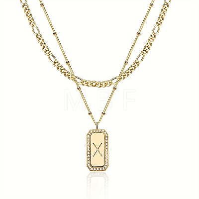 Brass Micro Pave Clear Cubic Zirconia Rectangle with Initial Pendant Double Layer Necklaces for Women FS-WG478B5-24-1