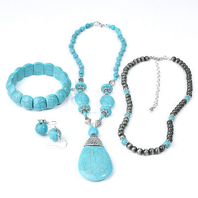 Teardrop Synthetic Turquoise Pendant Necklaces & Dangle Earrings & Stretch Bracelets Sets FS-WGCD8C0-01-1