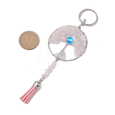 Tree of Life Alloy Natural Rose Quartz & Synthetic Moonstone Keychain KEYC-JKC00987-01-1