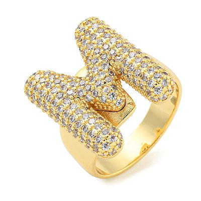 Brass Micro Pave Clear Cubic Zirconia Letter Open Cuff Ring for Women RJEW-M173-01G-M-1