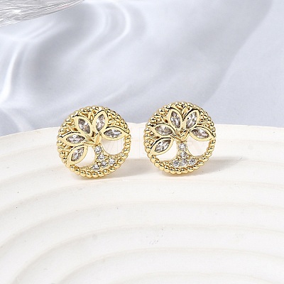 Ring with Tree of Life Pattern Brass Micro Pave Clear Cubic Zirconia Stud Earrings EJEW-G460-02G-1