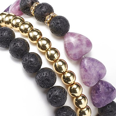 3Pcs 3 Style Heart Natural Purple Mica Stone & Lava Rock & Synthetic Hematite Beaded Stretch Bracelets Set BJEW-JB08736-1