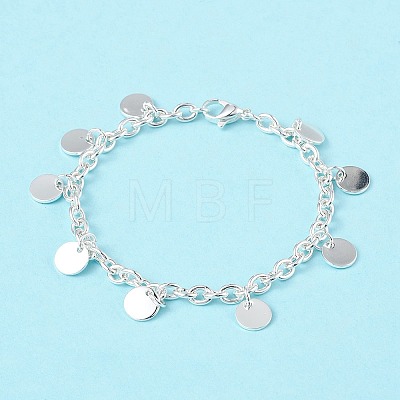 304 Stainless Steel Flat Round Charm Bracelets with Cable Chains for Women BJEW-G669-25S-1
