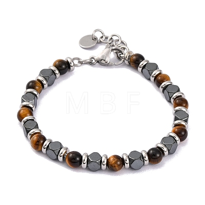 Natural Tiger Eye & Magnetic Synthetic Hematite Round Beaded Bracelet BJEW-P339-02P-03-1