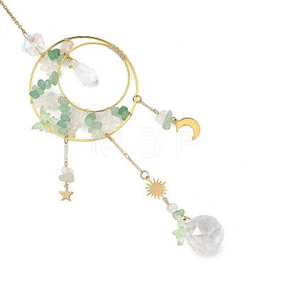 Natural Green Aventurine & Brass Ring Suncatcher with 304 Stainless Steel Sun Moon Star Charm HJEW-JM05009-02-1