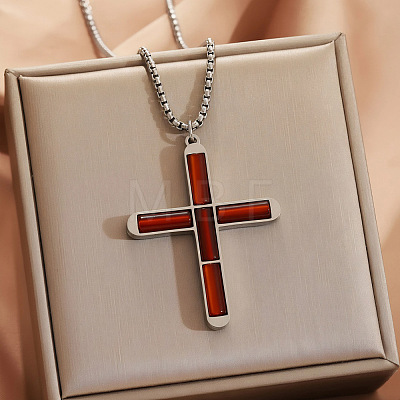 304 Stainless Steel with Natural Carnelian Religion Cross Pendant Necklaces FS-WG3F108-13-1
