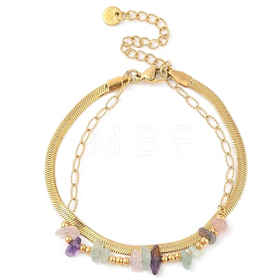 Natural Rose Quartz & Amethyst & Green Aventurine 304 Stainless Steel Double Layer Multi-strand Bracelet for Women BJEW-Z070-01G-02-1