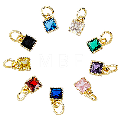 9Pcs 9 Colors Brass Cubic Zirconia Pendants ZIRC-FH0001-55-1